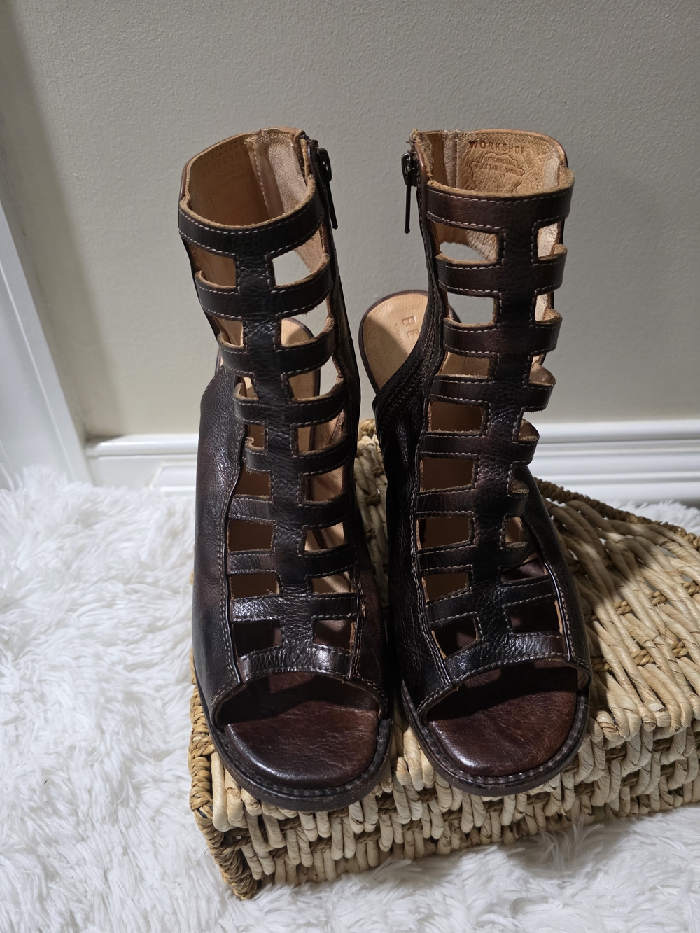BED|STÜ Occam Brown Leather Caged Gladiator Block Heel Sandals